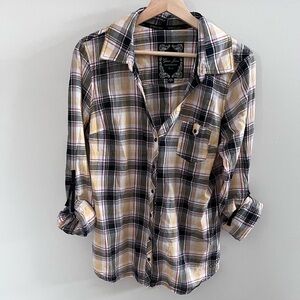 Vintage Guess Plaid Snap Button Shirt XL Black Yellow White Cotton Sequin Logo